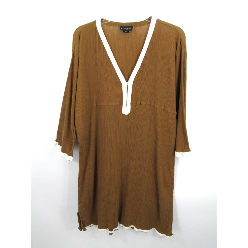 Athleta Midi Shift Dress Womens XL Brown V-Neck Crinkle Ruffle Hem Cotton